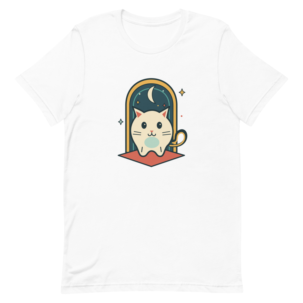 Flat front view of the Night Arcade Familiar T-shirt showing the cat and moon portal artwork