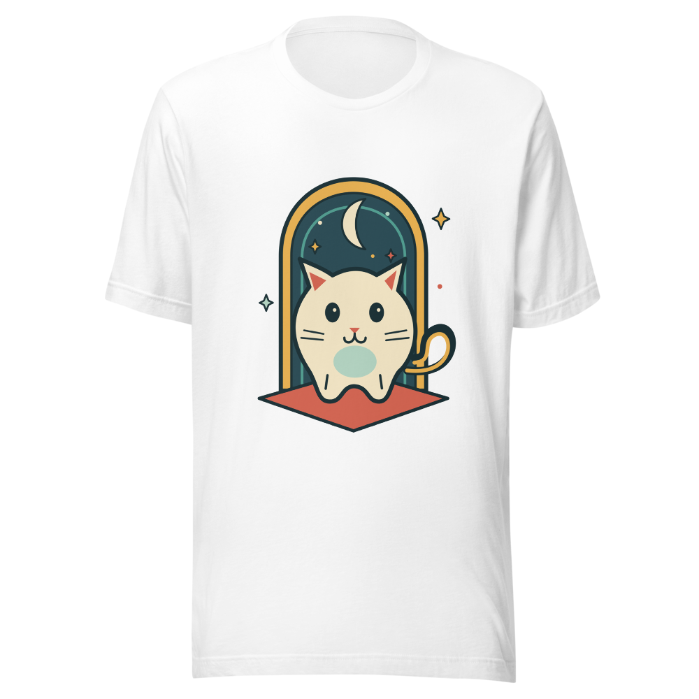 Front view of the Night Arcade Familiar T-shirt with an original cat, crescent moon and framed portal illustration
