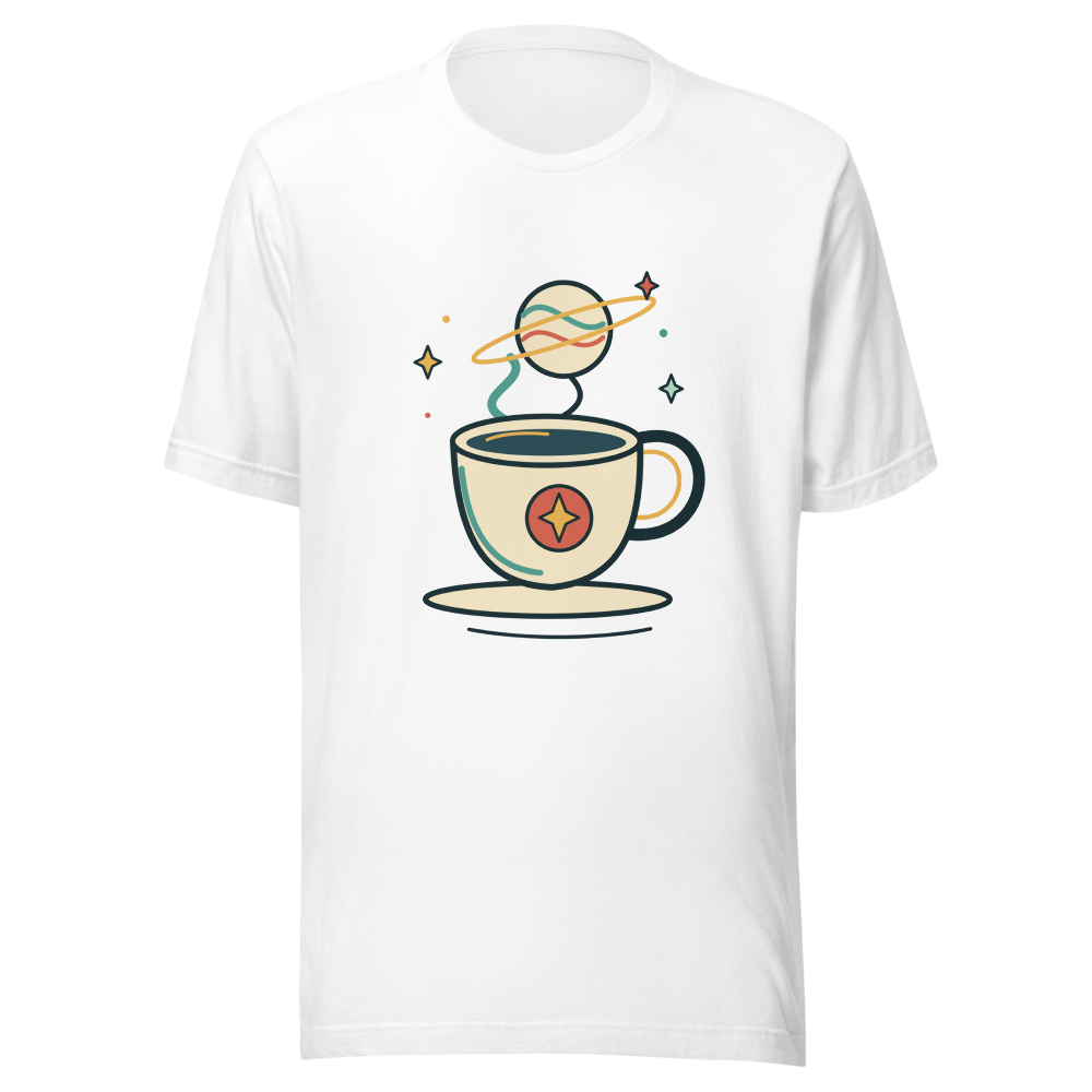 Front view of the white Orbit Brew cotton T-shirt with a coffee cup and ringed planet illustration