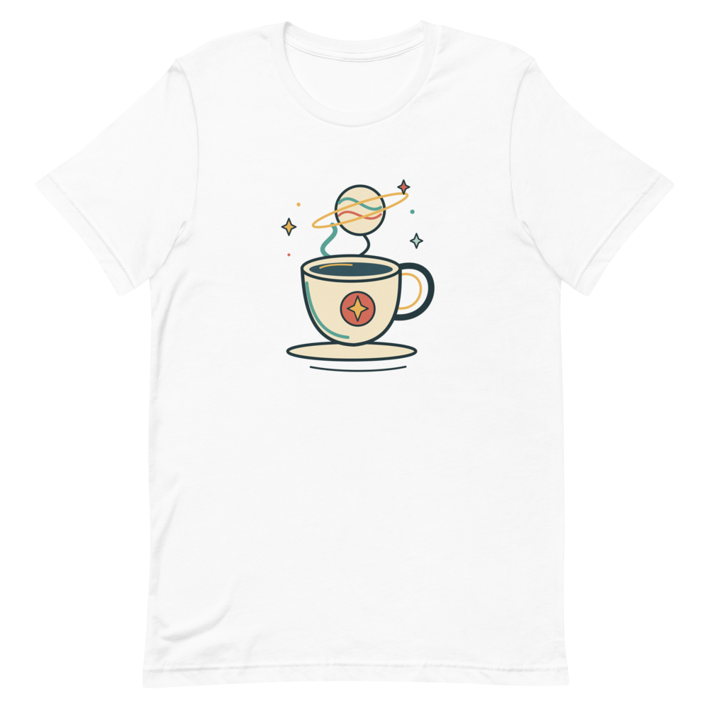 Flat front view of the white Orbit Brew T-shirt and its original space coffee illustration